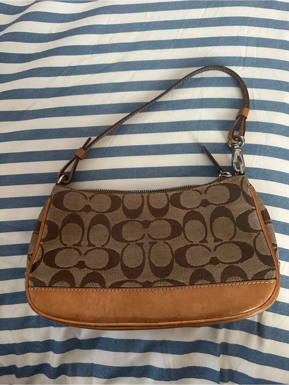 Coach Shoulder Bag in Brown Signature Canvas with Tan Trim